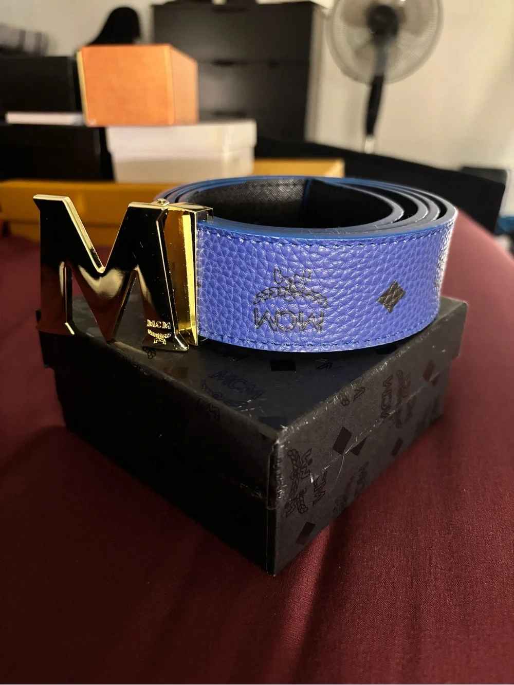 MCM Men’s Blue Logo Belt with Gold M Buckle